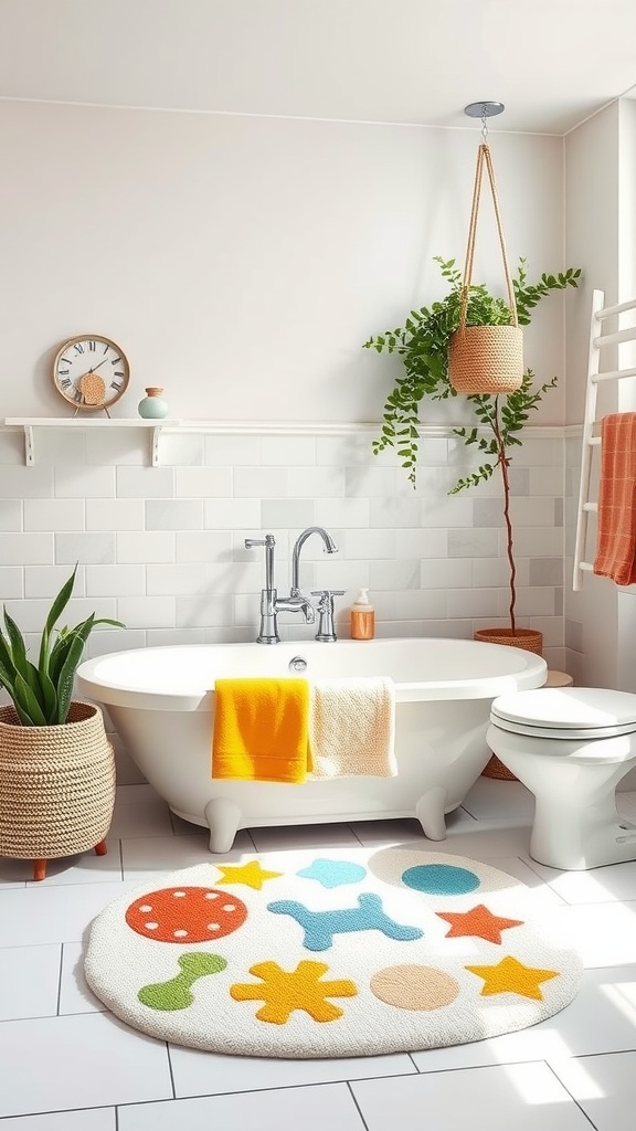 A bright and colorful non-slip bath mat in a toddler-friendly bathroom setting.