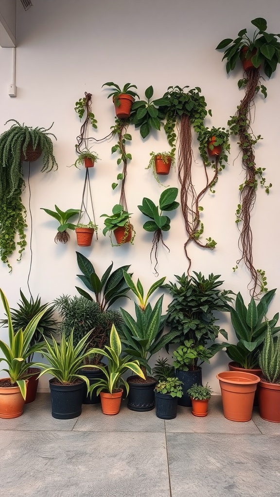 A wall displaying various non-toxic climbing plants in pots, showcasing a mix of greenery and decorative elements.