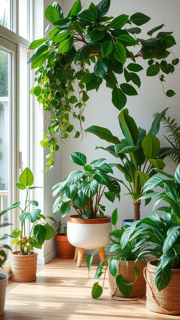 A variety of non-toxic houseplants arranged in a well-lit room, showcasing lush green leaves and enhancing indoor humidity.