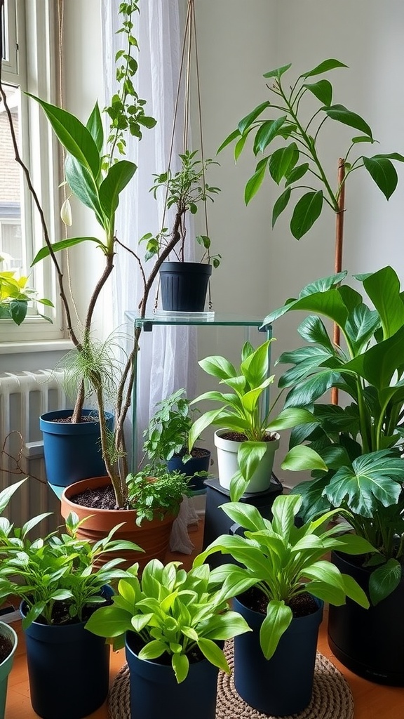 A collection of non-toxic houseplants in various pots, positioned near a window.