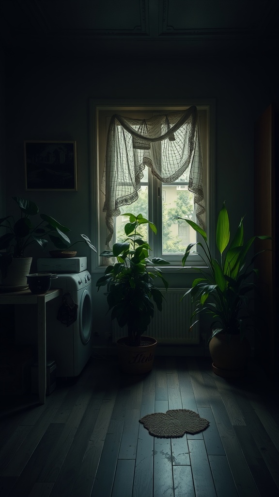 A cozy room with two non-toxic houseplants near a window, showcasing a low-light environment.