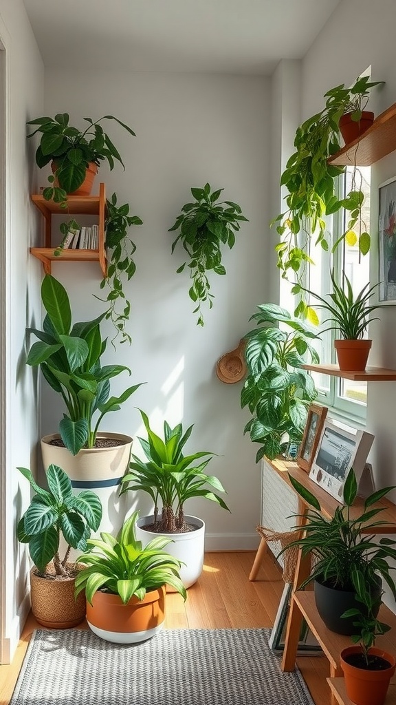 A cozy corner with a variety of non-toxic house plants arranged in different pots, enhancing the small space.