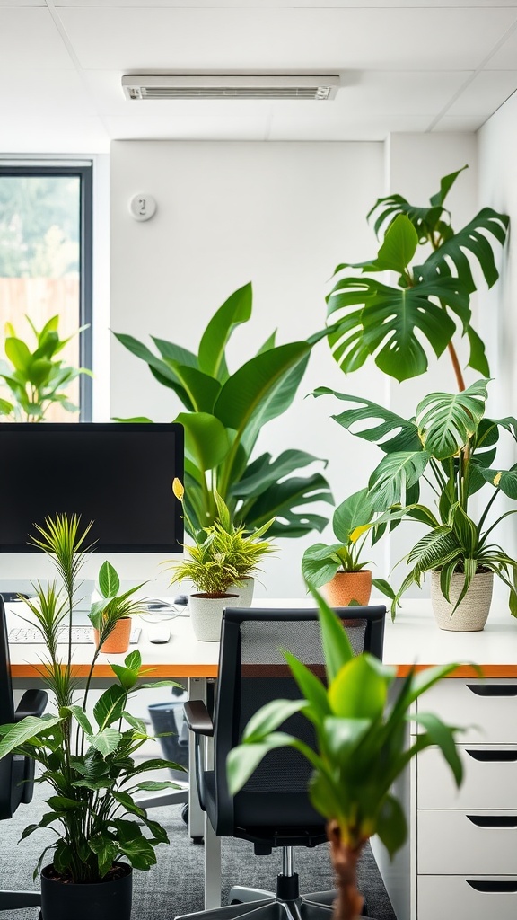 A modern office space with various non-toxic house plants placed around the desk area, providing a fresh and vibrant atmosphere.