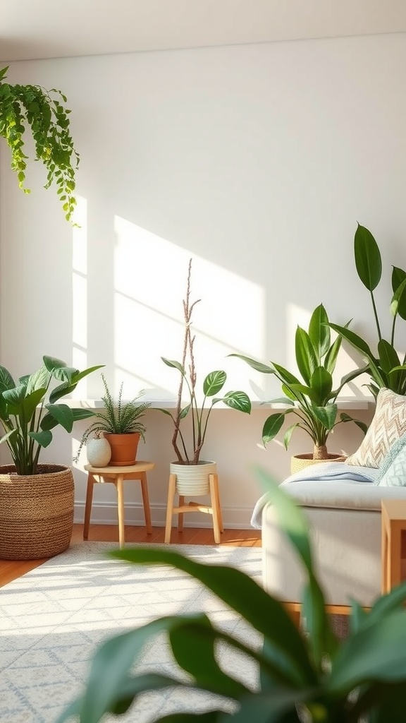 A bright living room filled with various non-toxic house plants, showcasing a cozy and inviting atmosphere.