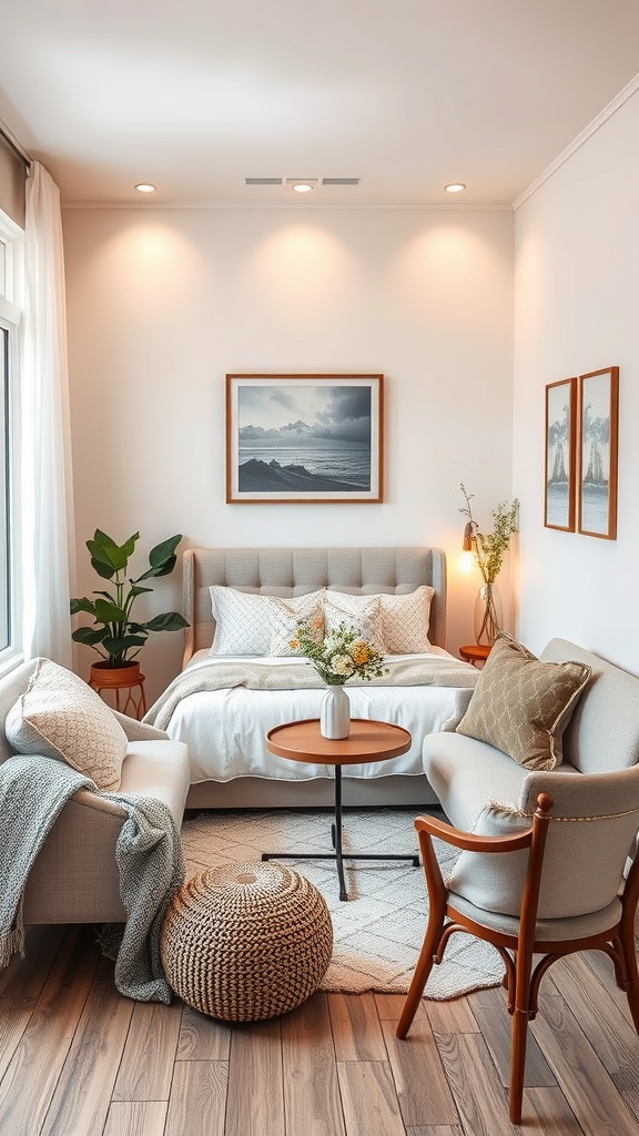 Cozy coffee nook with a small table, comfortable seating, and plants.