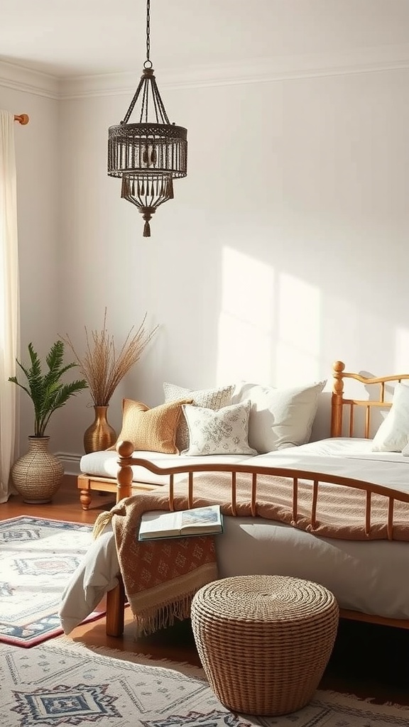 A Moroccan-inspired bedroom with a warm wooden bed, soft pillows, and natural decorations.