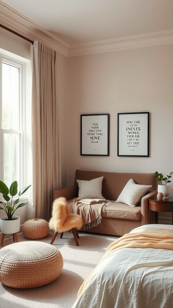 Cozy reading nook in a bedroom with inspirational quotes on the wall.