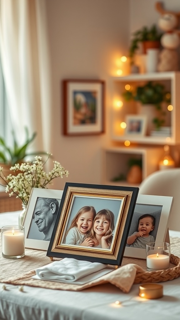 A cozy baby shower table with nostalgic photo displays, featuring happy children and a proud parent.