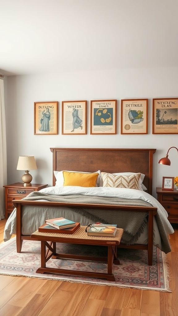 A cozy bedroom featuring a wooden bed frame with framed vintage book covers on the wall above it.