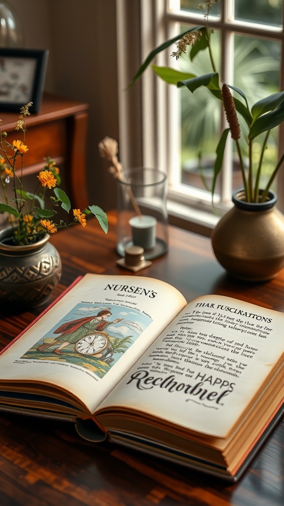 An open vintage nursery book with an illustration, surrounded by flowers and plants