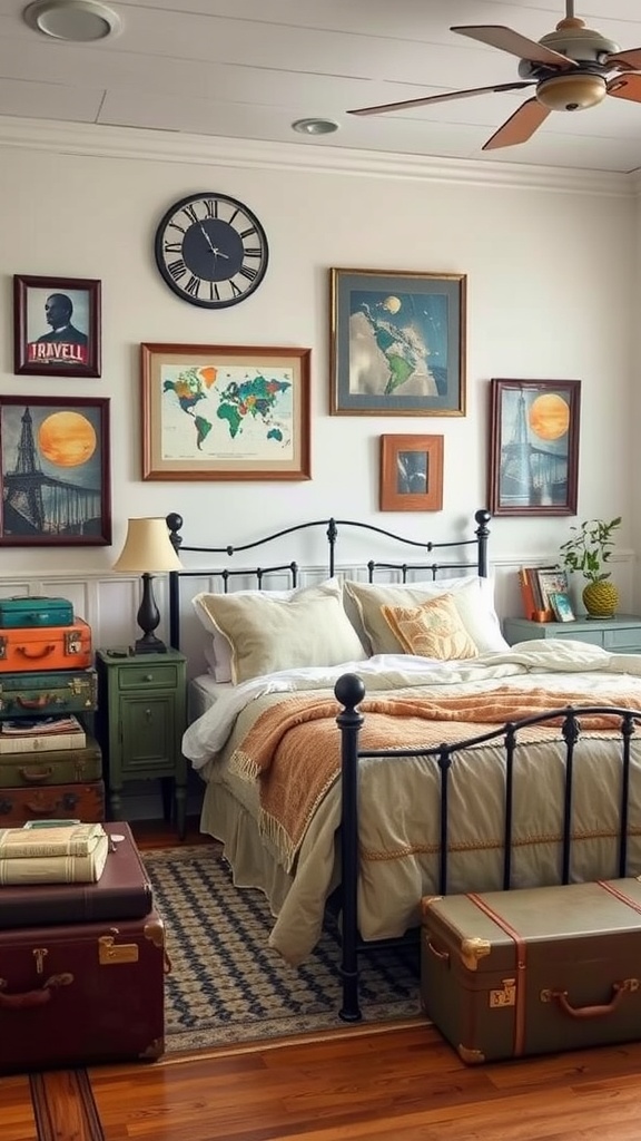 A vintage bedroom featuring travel-themed decor, framed maps, and stacked suitcases.