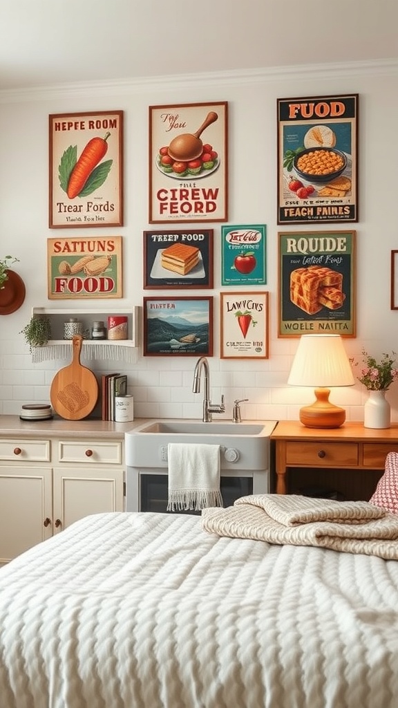 A collection of vintage food-themed posters on a kitchen wall, showcasing colorful graphics and playful typography.