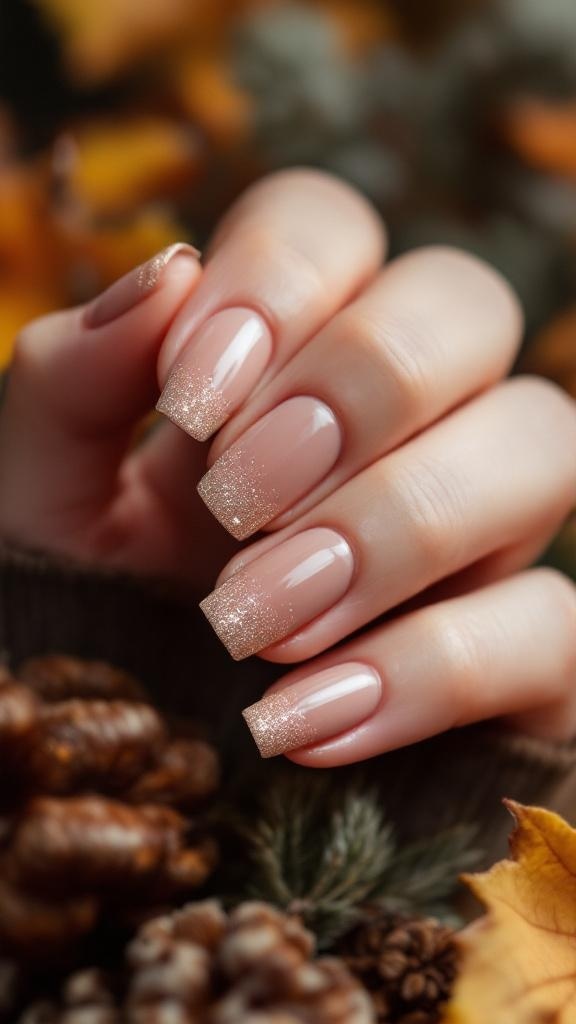 Nude nails with sparkling glitter tips, adorned with gold rings