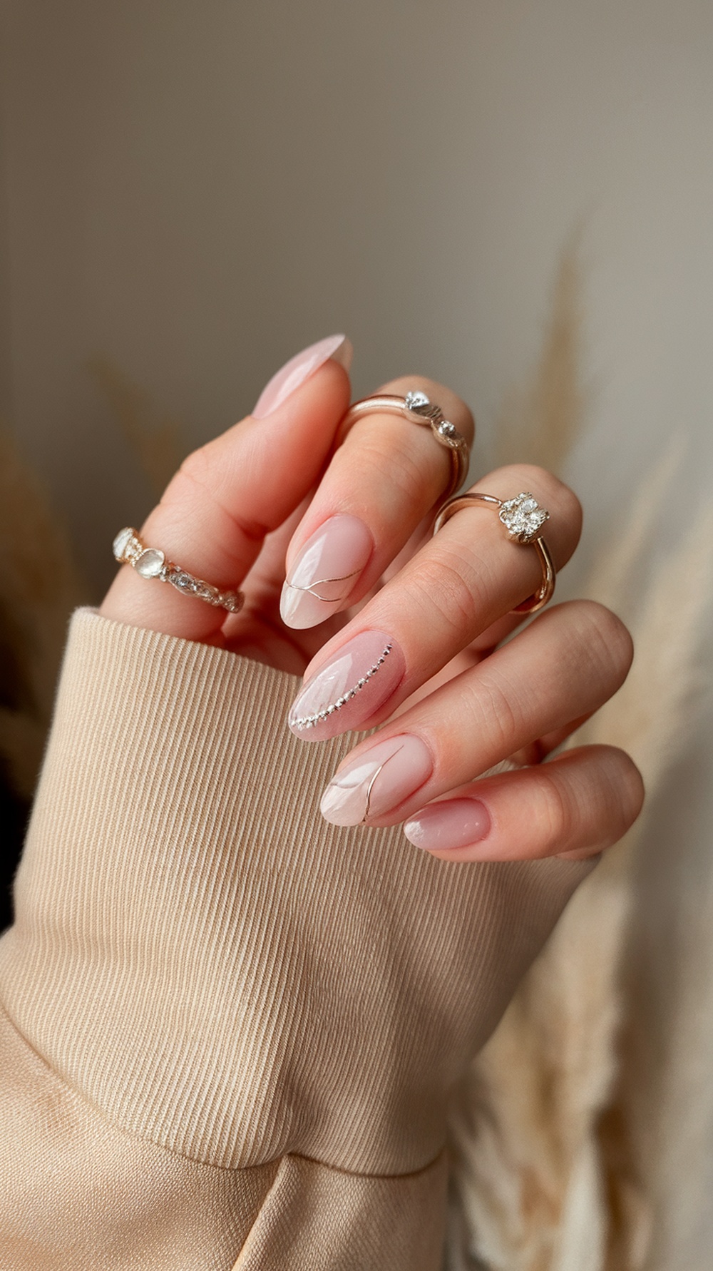 Close-up of hands with nude pink nails featuring rhinestone accents, wearing rings and a beige sweater.