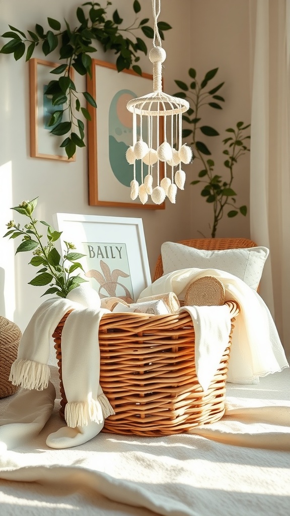 A cozy nursery corner featuring a wicker basket with a blanket, a hanging mobile, and framed art on the wall.