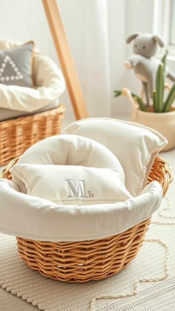A wicker basket containing soft pillows and cushions for a nursery setup, with a plush elephant and a plant in the background.