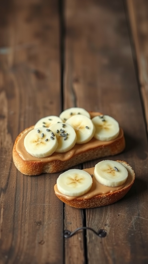 Slices of bread with nut butter and banana slices on top, displayed on a wooden surface.