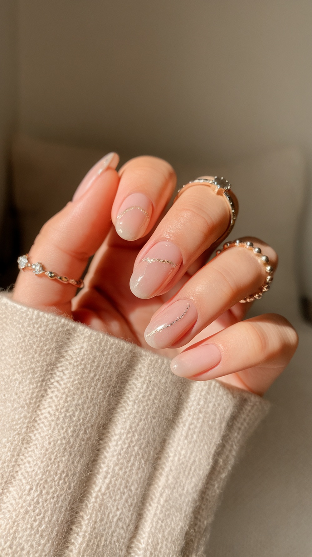 A close-up of slim, beautifully manicured nails with rings on the fingers