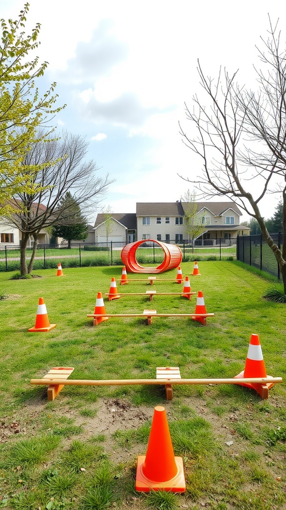 A backyard obstacle course with orange cones, wooden beams, and a tunnel for kids.