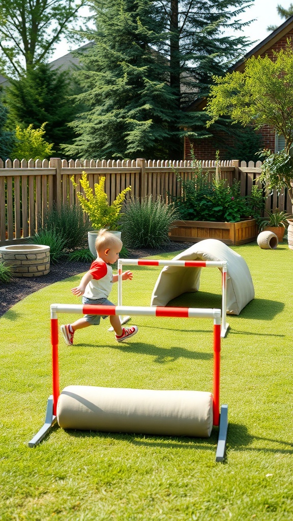 A toddler running through an outdoor obstacle course with hurdles and a tunnel.