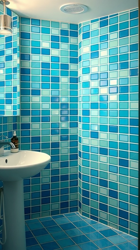 A bathroom with blue and green tiles arranged in a playful pattern, creating an ocean-inspired theme.