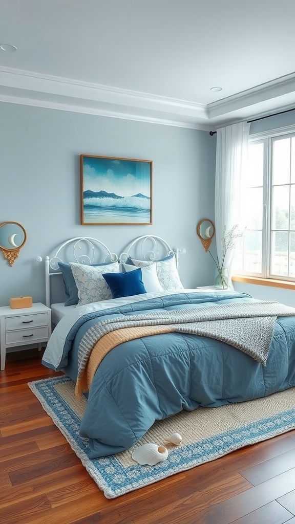 A cozy bedroom featuring ocean-inspired blue bedding, layered textures, and coastal decor.