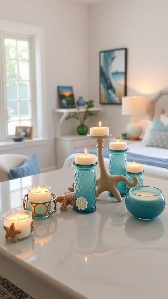 A collection of ocean-inspired candle holders on a kitchen island, featuring blue and white colors, starfish accents, and a coral-shaped holder.