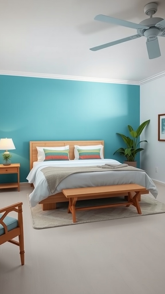 A cozy bedroom with turquoise walls and wooden furniture, featuring ocean-inspired decor.