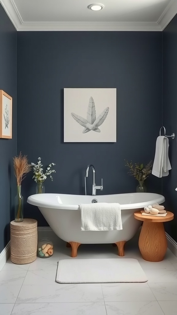 A dark blue bathroom featuring a freestanding tub, natural decor, and ocean-inspired artwork.