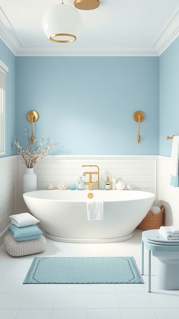A serene blue bathroom featuring a freestanding tub, gold fixtures, and natural decor elements.