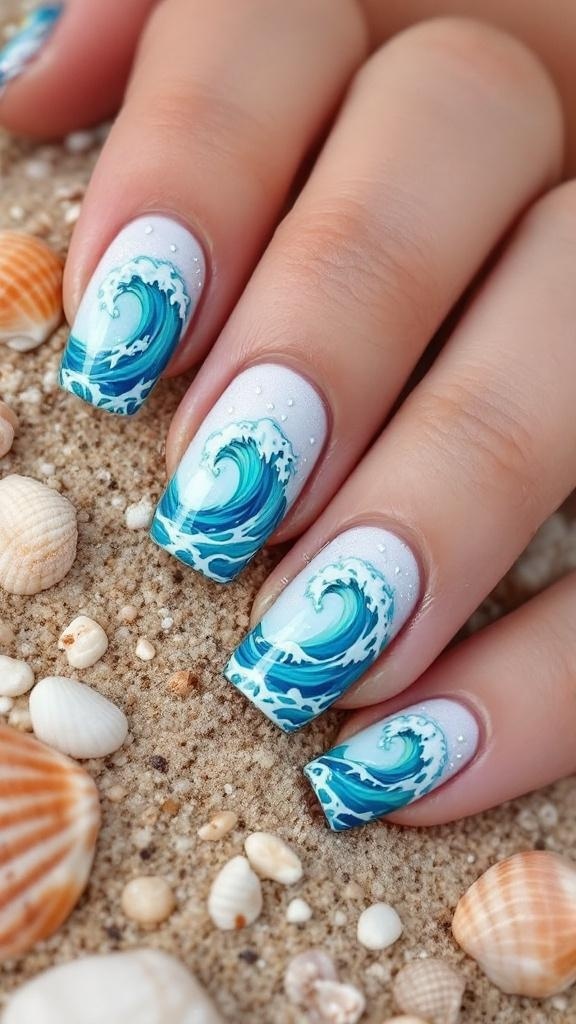 Ocean-inspired nail art with blue waves and a shell design