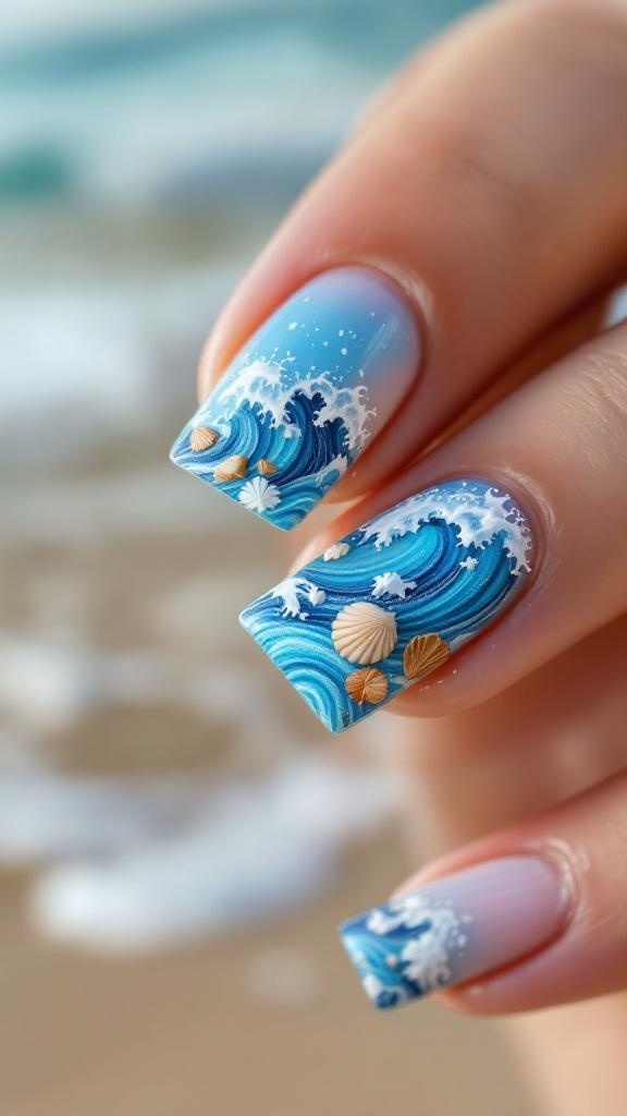 Ocean-inspired square nails with wave and seashell designs