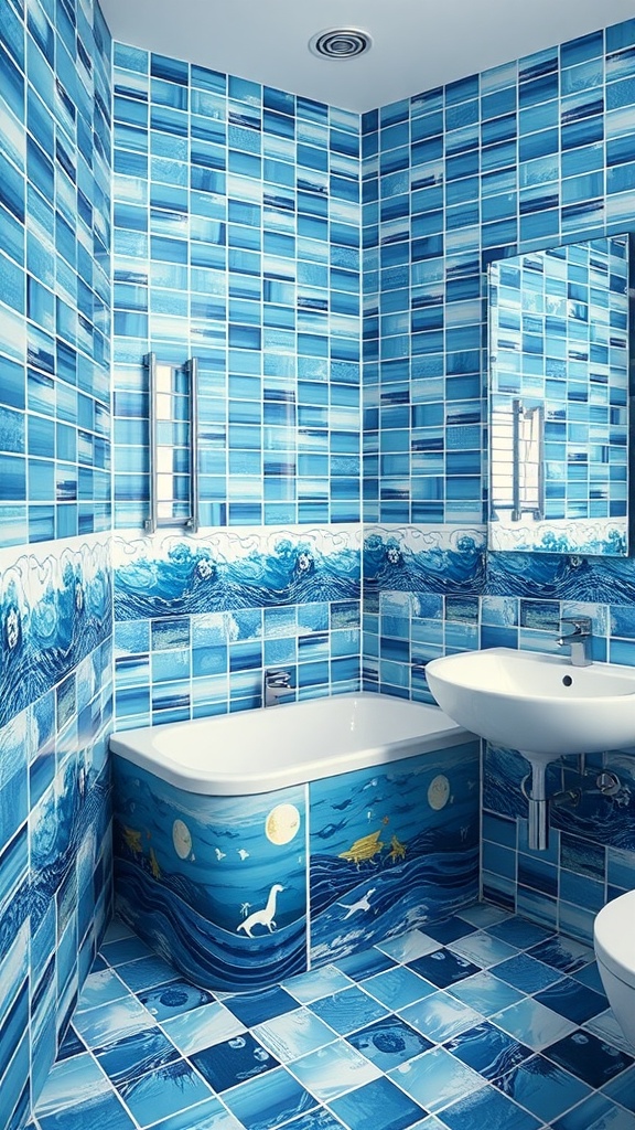 Bathroom with ocean-inspired blue tiled walls, featuring a bathtub decorated with sea creatures and waves.