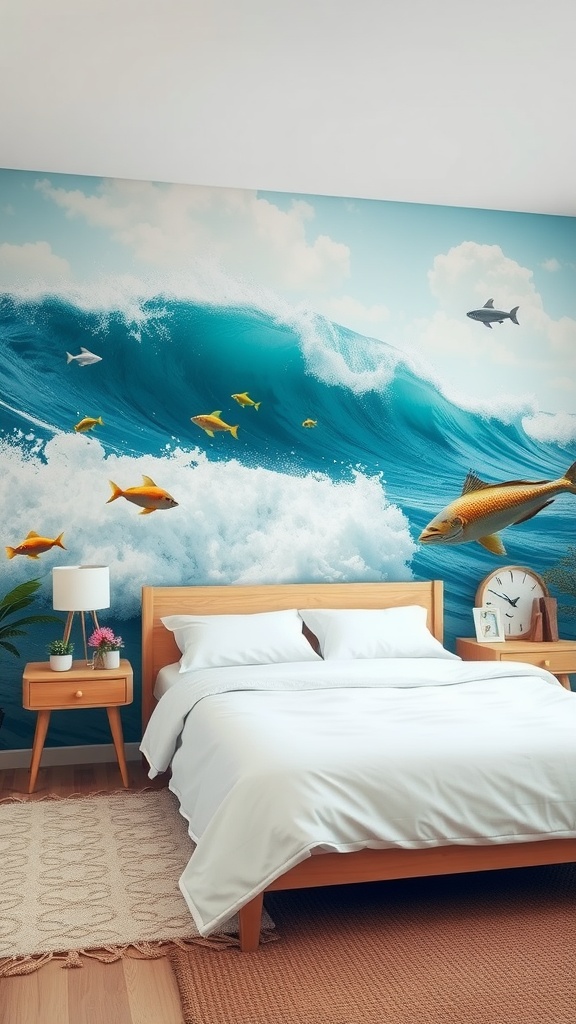 A bedroom featuring an ocean-inspired wall mural with waves and fish.