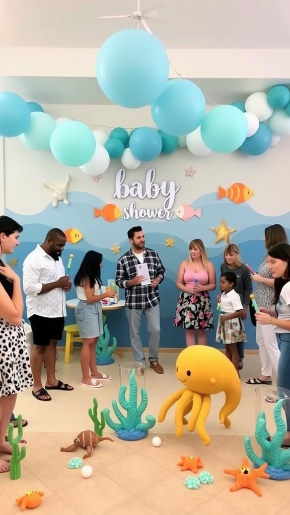 A group of people enjoying games at an ocean-themed baby shower.