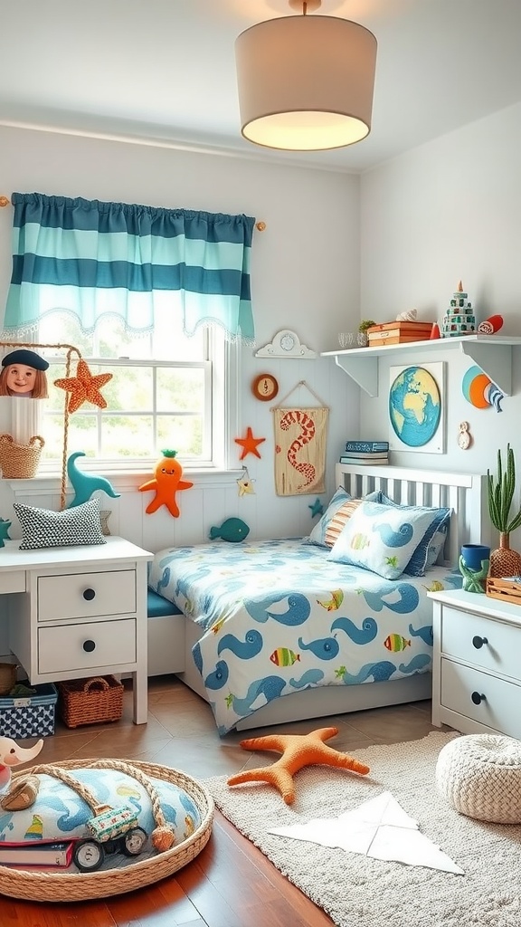 A toddler boy's bedroom designed with an ocean adventure theme, featuring a whale-patterned bedspread, sea creature decorations, and a cozy atmosphere.