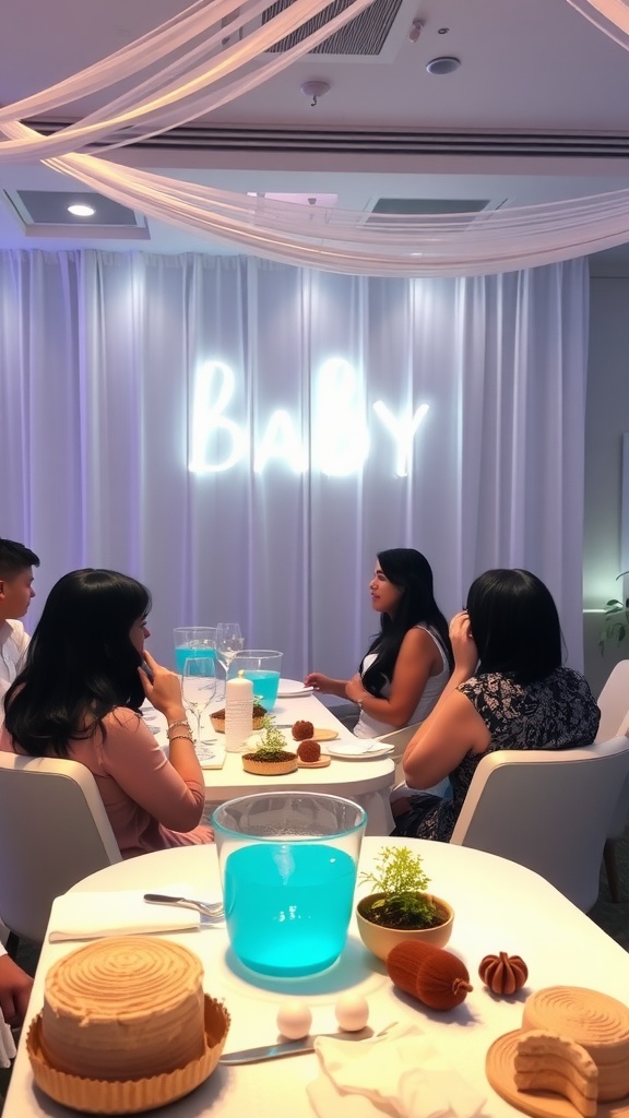 An ocean-themed baby shower setting with guests enjoying a meal and drinks.