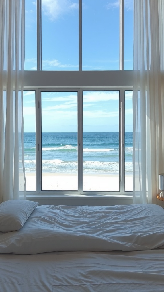 A bedroom with large windows showing a beautiful ocean view, soft curtains, and a neatly made bed.