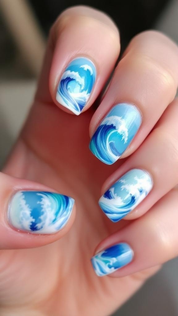 Close-up of short nails with ocean wave nail art in blue and white colors.