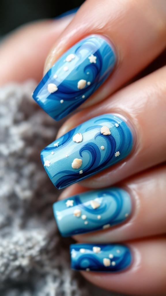 Nails featuring an ocean wave ombre effect with blue shades and shell accents.