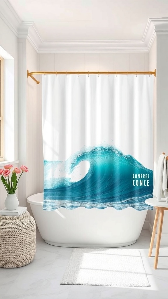 Shower curtain with ocean waves motif in a bright bathroom setting