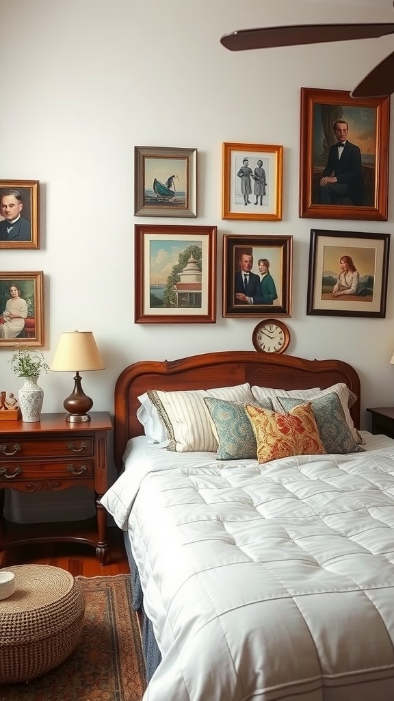 A vintage bedroom with old-school artwork on the walls, featuring classic portraits in ornate frames.