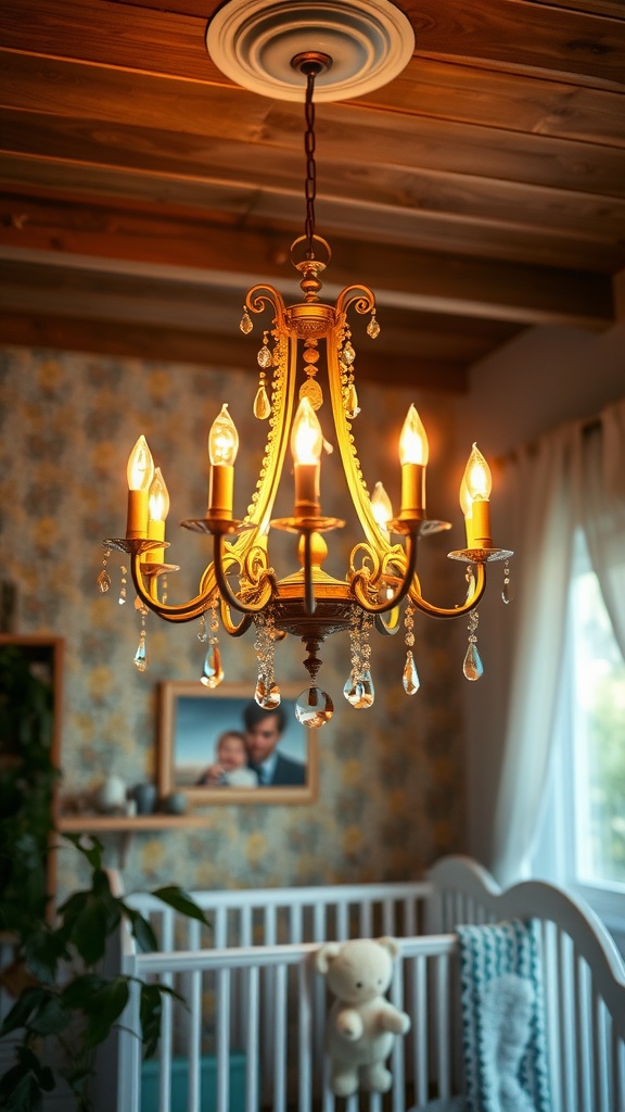 Vintage chandelier hanging in a nursery with soft lighting