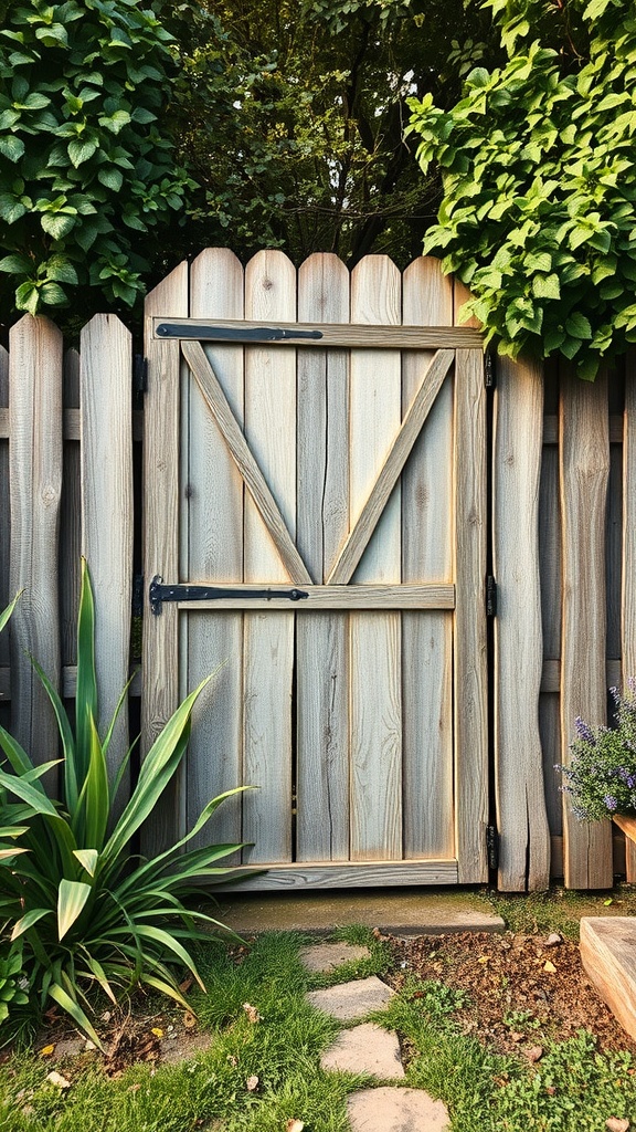 A rustic barn door integrated into a wooden fence, surrounded by lush greenery and a stone pathway.