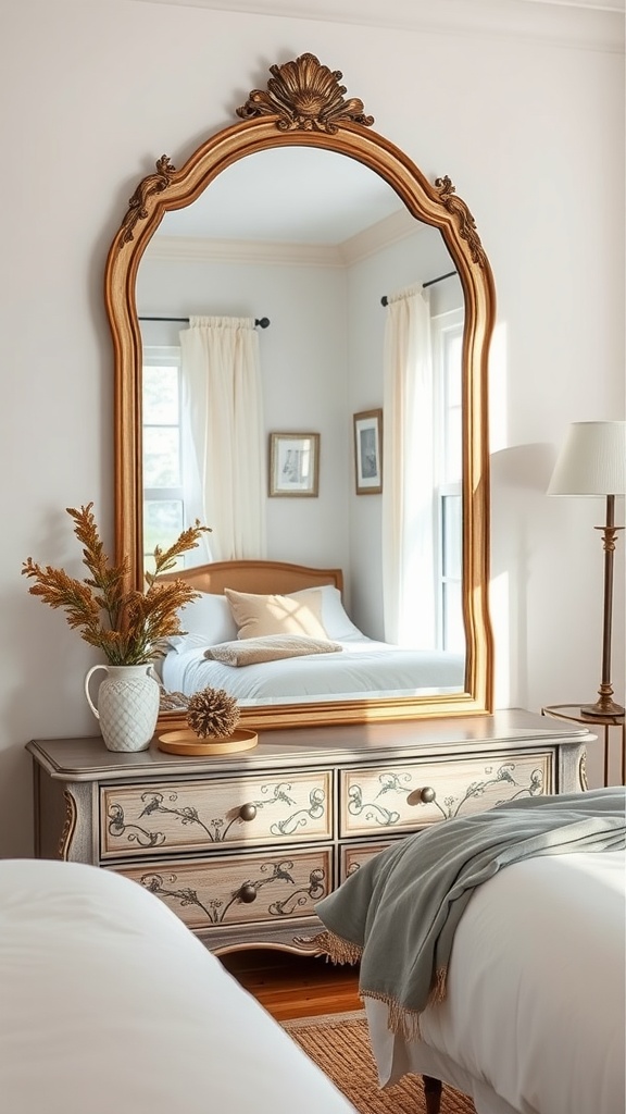 An ornate gold-framed mirror above a vintage dresser, reflecting light and enhancing the bedroom decor.