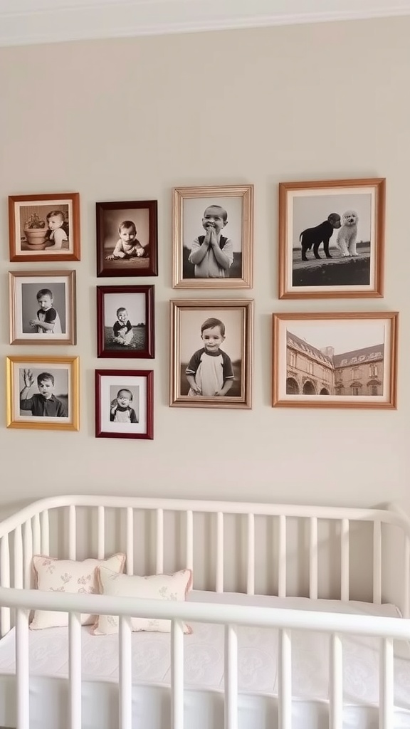 A wall of vintage photographs in various frames above a white crib, creating a cozy nursery atmosphere.