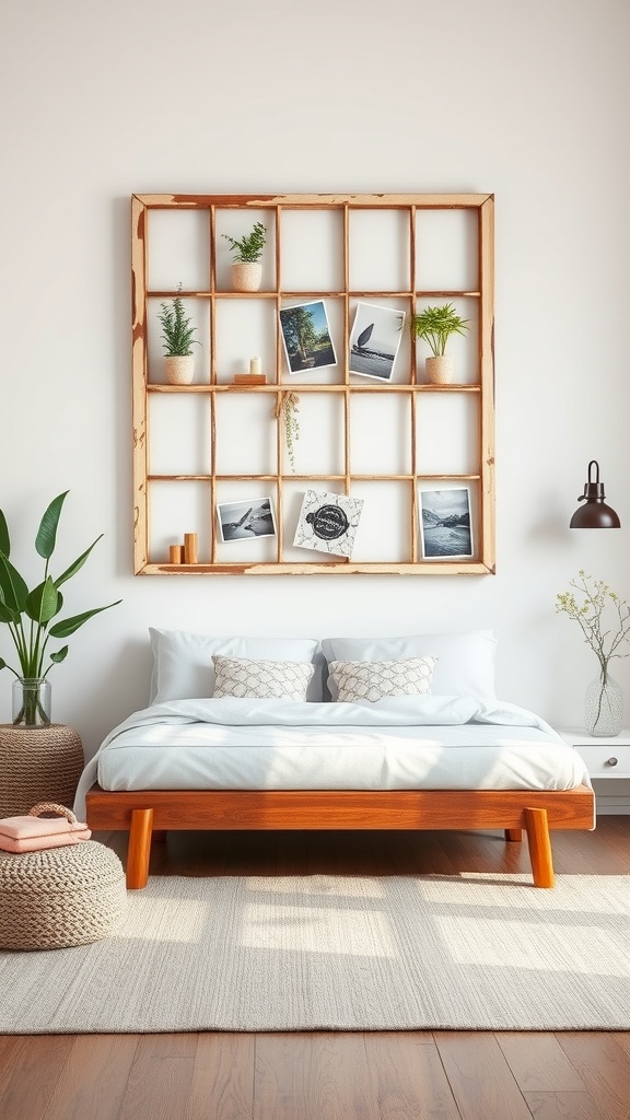 A rustic old window frame repurposed as wall art, featuring potted plants and photos.