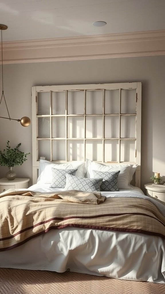 A bedroom featuring a headboard made from an old window frame, with cozy bedding and plants on side tables