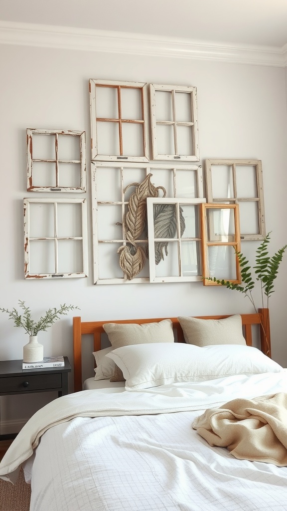 A collection of old window frames arranged on a wall, featuring some decorative elements and plants, in a cozy bedroom setting.