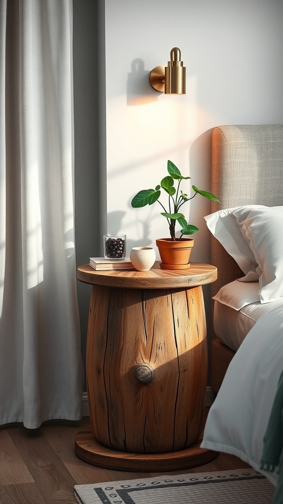 Wooden spool repurposed as a unique side table in a cozy bedroom setting